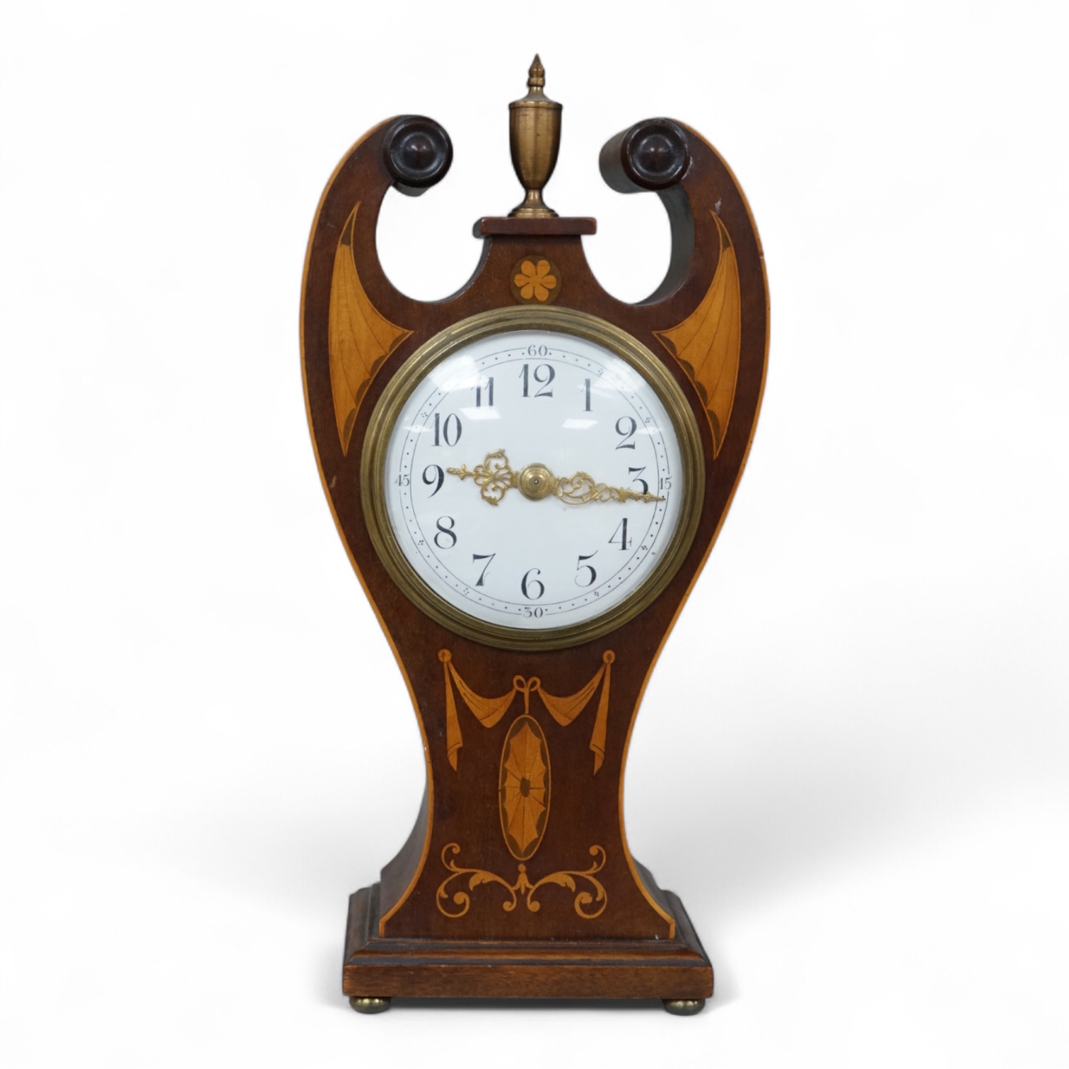 An Edwardian inlaid mahogany mantel timepiece, 28cm high